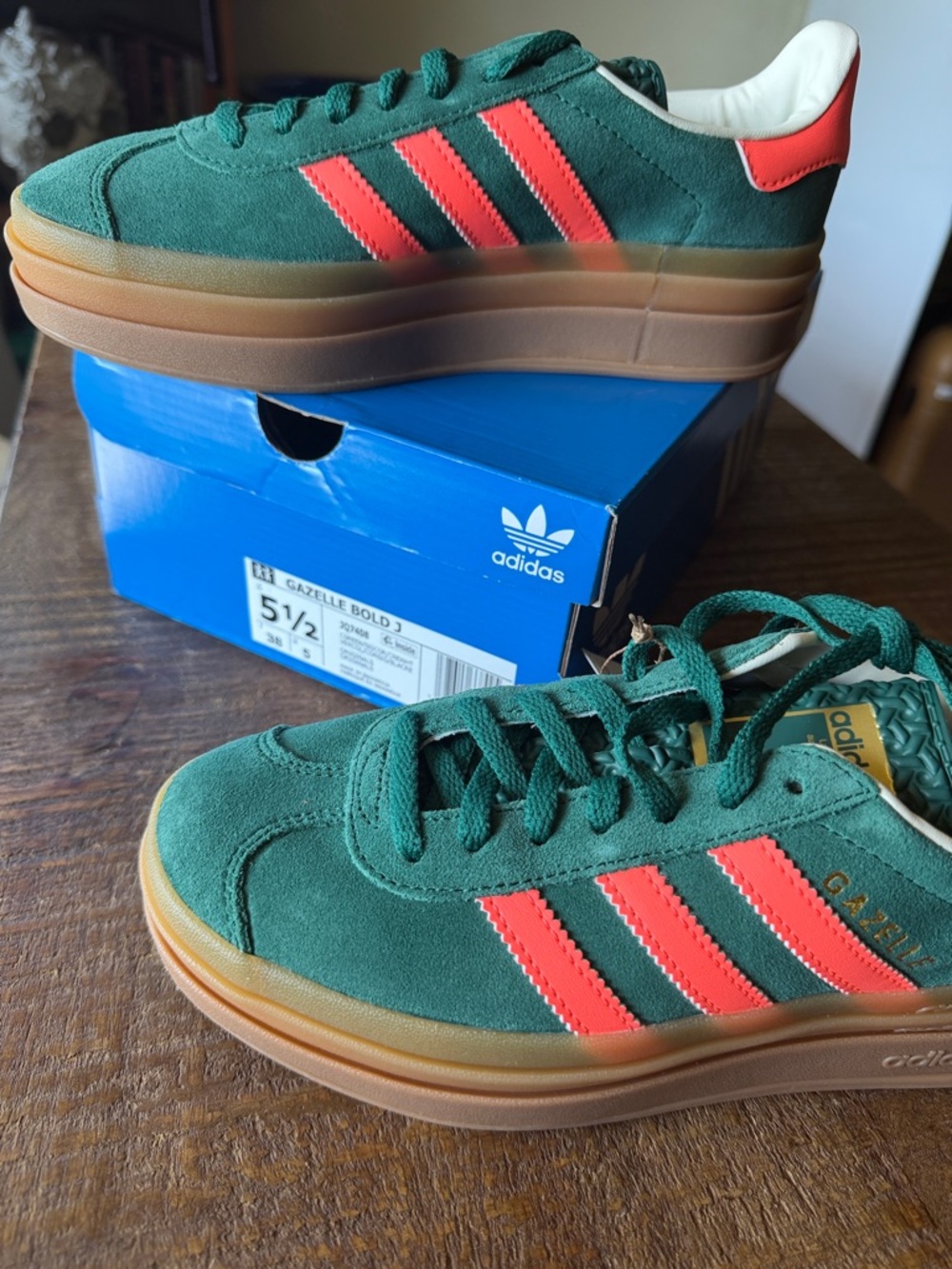 adidas Gazelle Bold Platform Sneakers - Green with coral Stripes and Gum Sole - Picture 2 of 5